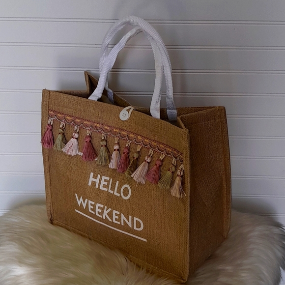 Hello Weekend Linen Look Tassled Canvas Tote Bag - Picture 12 of 12